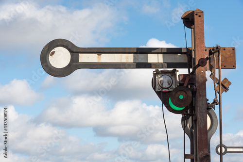 An old train signal turned green 