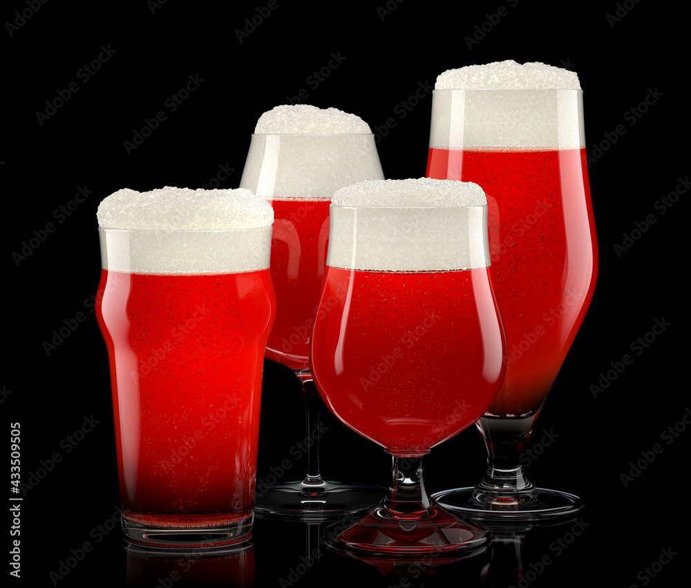 Set of fresh light beer glasses with bubble froth isolated on black background. - obrazy, fototapety, plakaty 