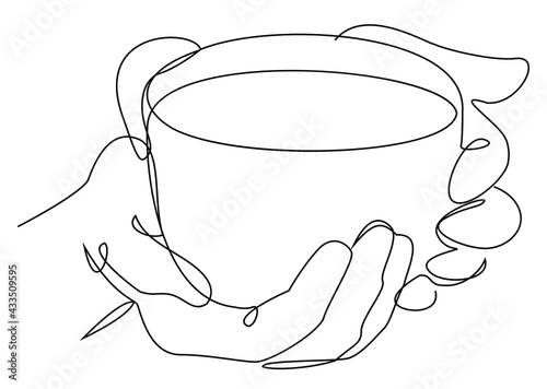 Silhouette of man's hands with a cup of coffee, tea in a modern one line style. Solid line, aesthetic outline for decor, posters, stickers, logo. Vector illustration.