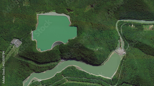 pumped storage hydropower plant, upper reservoir, lower reservoir and Deerfield River, looking down aerial view from above - bird’s eye view Bear Swamp Pumped Storage Power Plant – Massachusetts, USA photo