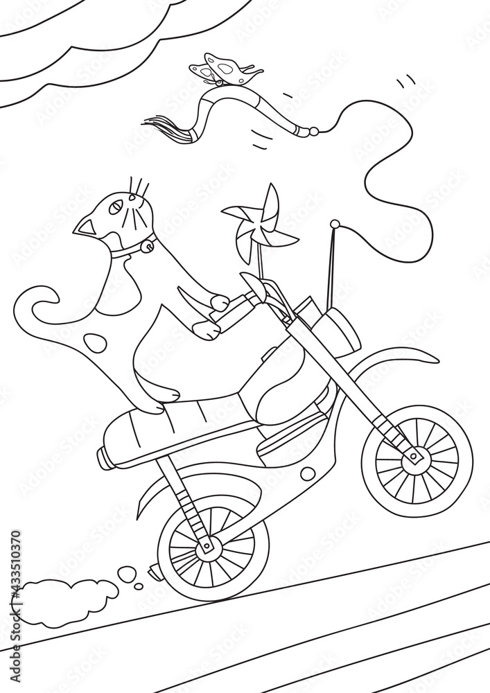 coloring book A cat riding a motorcycle line art hand drawn artwork vector illustration a4