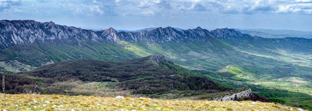 Fototapeta premium Panorama of jagged peaks of Veliki Krs mountain ridge in eastern Serbia, near the city of Bor
