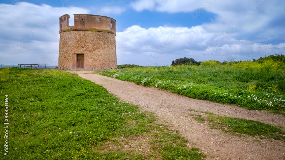 Panoramic view of Tor Caldara ancient defensive tower inside the natural reserve in Lavinio, Anzio, Rome, Italy