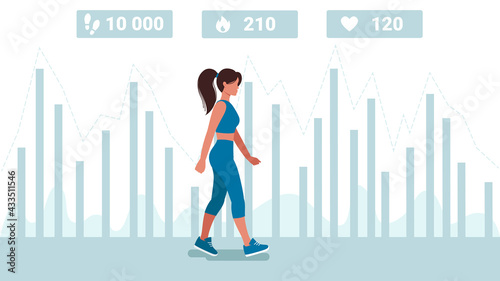 A girl walks along the road on the background of a pedometer graph . At the top are icons for counting steps, calorie consumption, and heart rate measurement.