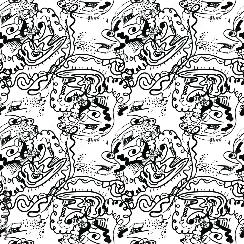 Unusual seamless abstract artwork with hand drawn psychedelic black line patterns Unusual seamless abstract artwork with hand drawn psychedelic black line patterns
