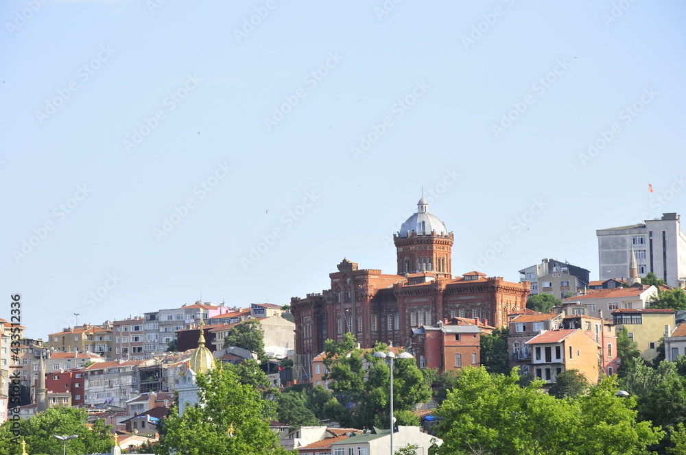 View over building of greek lycee for the fener on the shore of golden horn in istanbul.