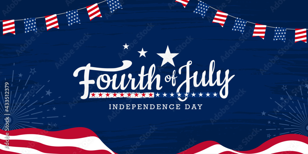 USA 4th of July modern colorful lettering design on USA waving flag and grunge, firework burst celebration background.
 - obrazy, fototapety, plakaty 