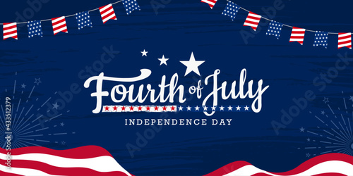 USA 4th of July modern colorful lettering design on USA waving flag and grunge, firework burst celebration background. 