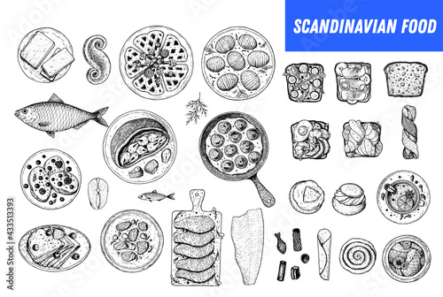 Scandinavian cuisine top view. Smorgasbord illustration. A set of Scandinavian dishes . Food menu design template. Vintage hand drawn sketch vector illustration. Engraved image