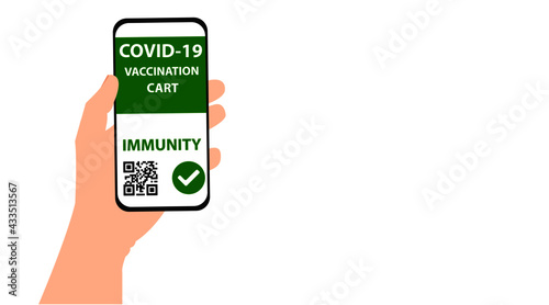 Covid-19 vaccination card application is on the phone in the woman's hand.
Covid-19 vaccine passport application concept. Corona virus immunity card application. vaccination passport.