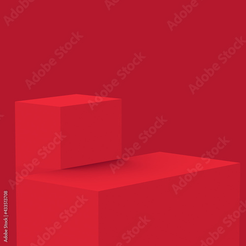3d red white stage podium scene minimal studio background. Abstract 3d geometric shape object illustration render. Display for chinese new year holiday and merry christmas product.