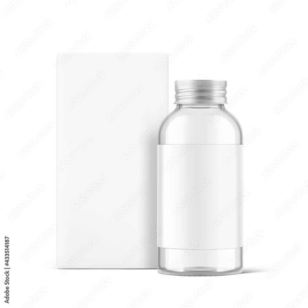 Glass bottle with screw cap mockup with box. Can be used for medical, cosmetic, food. Vector illustration isolated on white background. EPS10. Glass bottle with screw cap mockup with box. Can be used for medical, cosmetic, food. Vector illustration isolated on white background. EPS10.