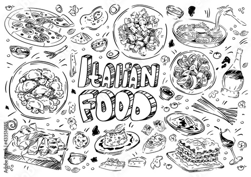 Hand drawn vector illustration. Doodle Italian food  pizza  chese  bruschetta  pasta carbonara  risotto  lasagna  pesto  ravioli  basil  meat fiorentina  wine