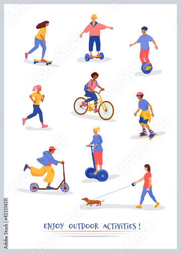 Poster of people doing outdoor sport activity: running,walking dog,roller skating,skateboarding,bicycling,electric scooter,monocycle,hoverboard. Set of isolated cartoon character illustration.