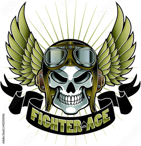 human skull with pilot helmet, wings and banner 