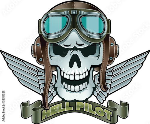 human skull with pilot helmet, wings and banner 