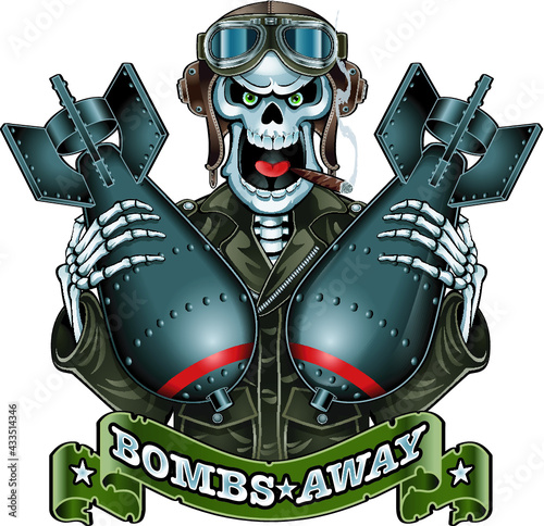 skeleton in bomber jacket, pilot helmet and goggles holding air bombs