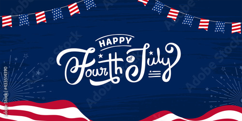 Happy fourth of July custom hand-lettering, typography design for 4th July celebration on the USA waving flag and grunge, firework burst celebration background.
