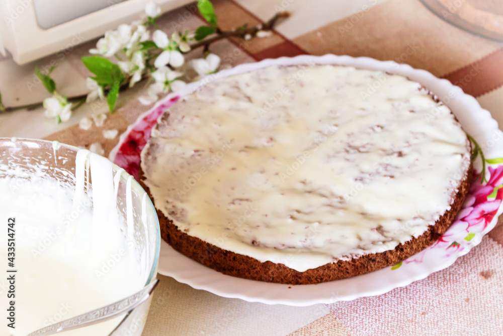 It s a delicious dessert. Chocolate biscuit smeared with cream close-up.