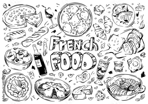 Hand drawn vector illustration. Doodle French food: ratatouille, souffle, wine, cheese, meat, bourguignon, bread, snails, macaroon