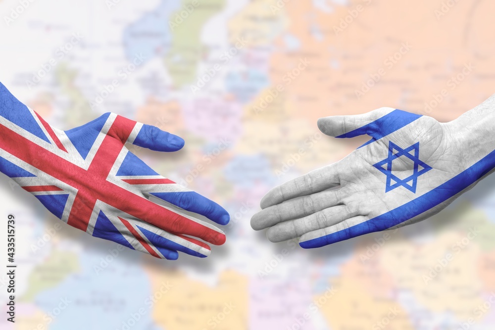 Israel and UK - Flag handshake symbolizing partnership and cooperation