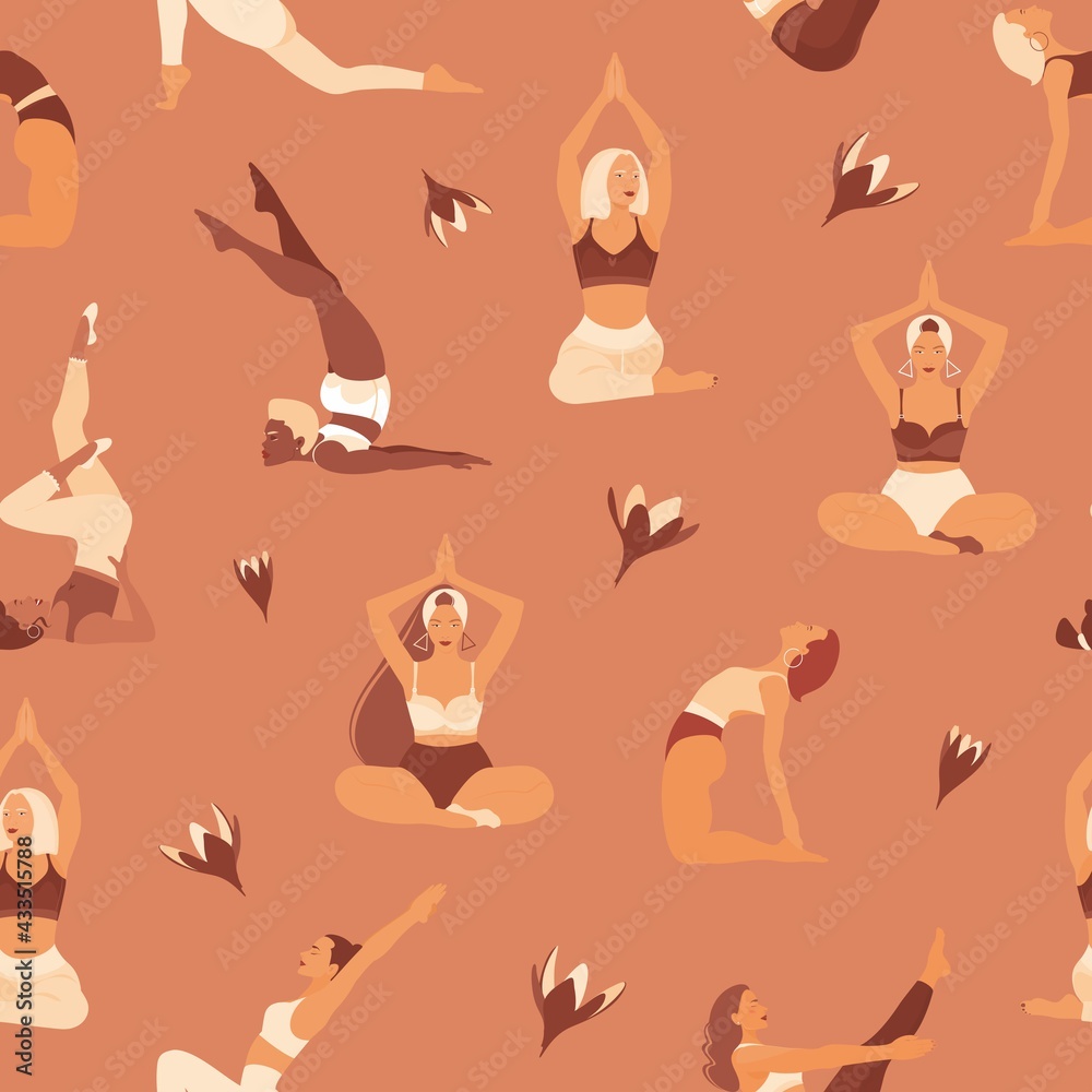Vector seamless pattern. Pilates exercises. Relaxing and harmony lifestyle. Young and happy women meditates and practicing yoga. Trendy hand-drawn cartoon flat pattern.