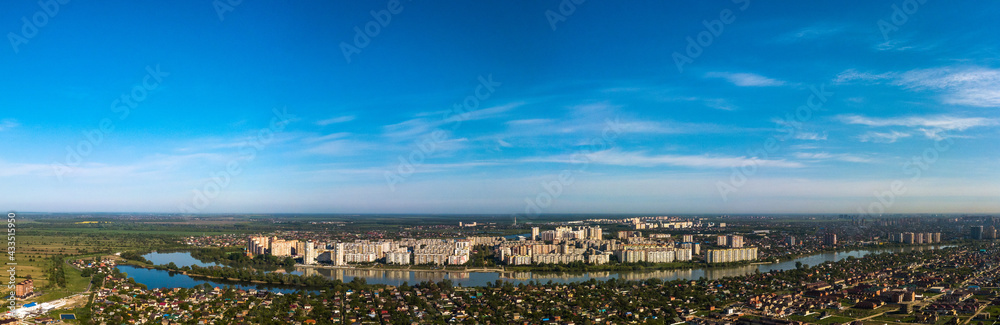river Kuban and lake Brzhegokai near the city of Krasnodar in southern Russia on a sunny May morning - aerial very large panorama view. 