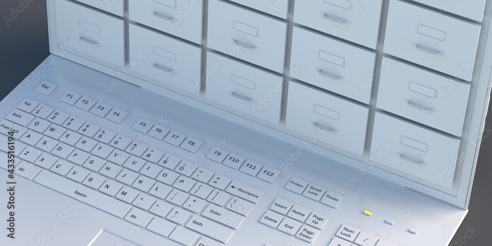 Filing archives cabinet on a laptop screen. 3d illustration Filing archives cabinet on a laptop screen. 3d illustration