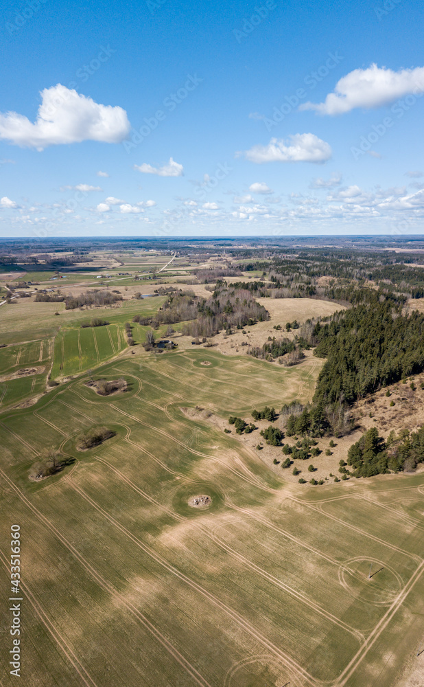 aerial drone spring landscape of field and countryside