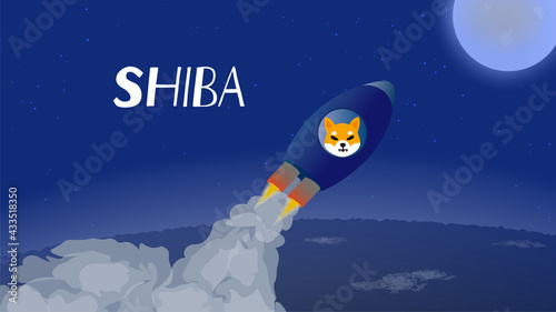 Shiba flies to the moon in spaceship. Rocket with a dog's muzzle takes off from the ground and rushes upward. Symbolizes the Shiba Inu SHIB or DOGE project. Vector illustration.