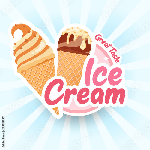 Tasty colorful ice cream label.  Summer poster  flyer or banner. Cartoon style vector illustration. Blue sunburst background. Chocolate  vanilla and caramel soft ice cream in a waffle cone.  