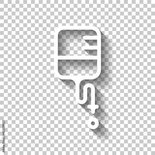 Blood bag, donor day, simple medical logo. White linear icon with editable stroke and shadow on transparent background