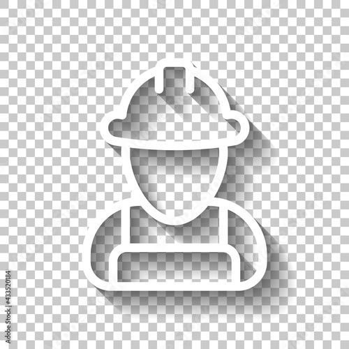 Construction worker, contractor or engineer. White linear icon with editable stroke and shadow on transparent background