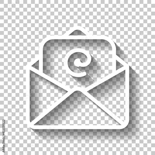 Email symbol, open letter, simple icon. White linear icon with editable stroke and shadow on transparent background