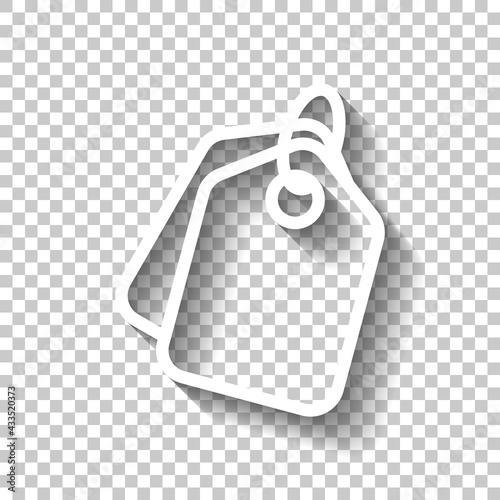 Shopping tag, discount coupon, label with percentage symbol, low price. White linear icon with editable stroke and shadow on transparent background