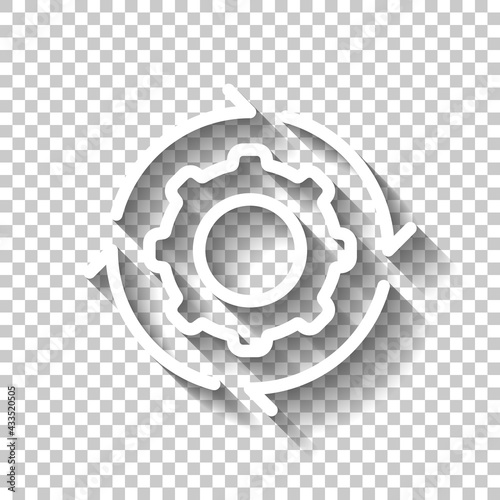 Workflow process, gear and arrows, automate business operation. White linear icon with editable stroke and shadow on transparent background