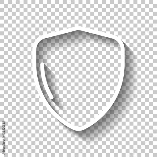 Shield with check mark, logo of protection, simple icon. White linear icon with editable stroke and shadow on transparent background