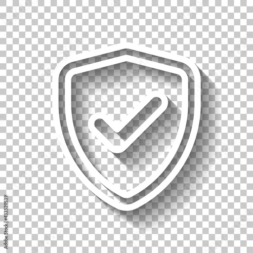 Shield with check mark, logo of protection, simple icon. White linear icon with editable stroke and shadow on transparent background