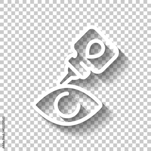 Eye or nasal drops, dropper, medical icon. White linear icon with editable stroke and shadow on transparent background