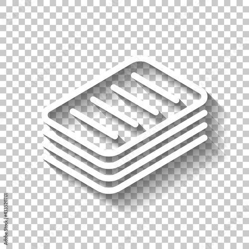 Stack of documents of papers, business icon. White linear icon with editable stroke and shadow on transparent background