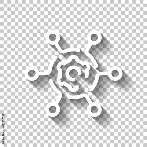 Execution process, implement ideas, gear icon. White linear icon with editable stroke and shadow on transparent background