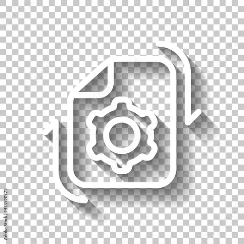 Execution process, implement ideas, gear icon. White linear icon with editable stroke and shadow on transparent background