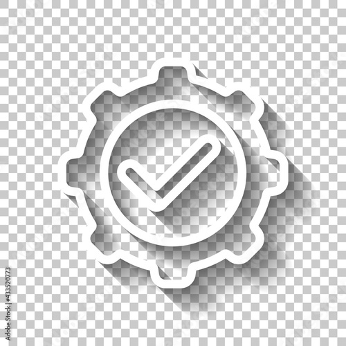Execution process, implement ideas, gear icon. White linear icon with editable stroke and shadow on transparent background