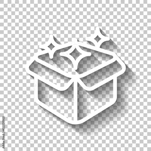 Opened box, product development, carton package, simple icon. White linear icon with editable stroke and shadow on transparent background