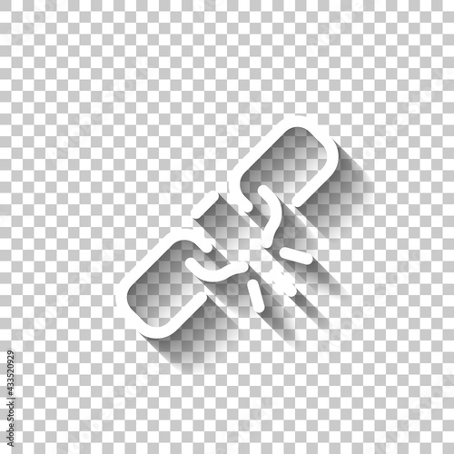 Broken chain, weak security, simple icon. White linear icon with editable stroke and shadow on transparent background