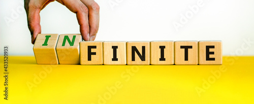 Finite or infinite symbol. Businessman turns wooden cubes and changes the word 'finite' to 'infinite'. Beautiful yellow table, white background. Business, finite or infinite concept. Copy space.