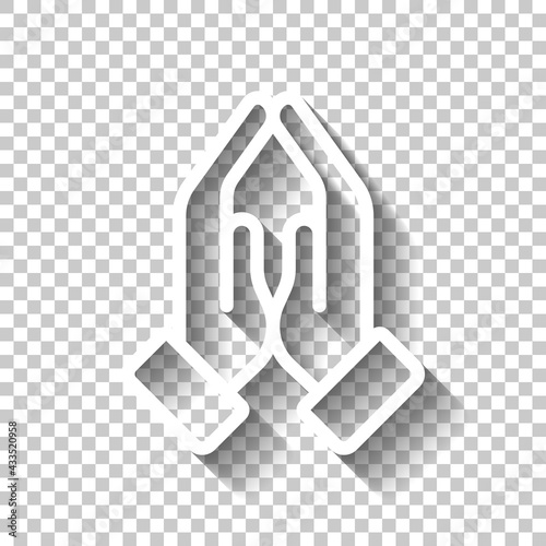 Praying hands, emoji symbol, simple icon. White linear icon with editable stroke and shadow on transparent background