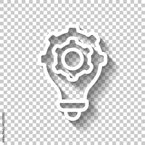 Knowledge icon, gear and bulb, innovative idea. White linear icon with editable stroke and shadow on transparent background