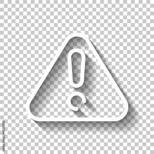 Exclamation danger sign, hazard warning, simple alert icon. White linear icon with editable stroke and shadow on transparent background