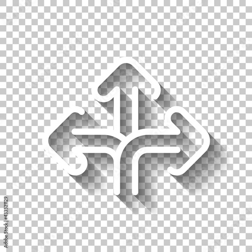 Three-way direction, make a choice, 3 arrows pointing in different directions, simple icon. White linear icon with editable stroke and shadow on transparent background
